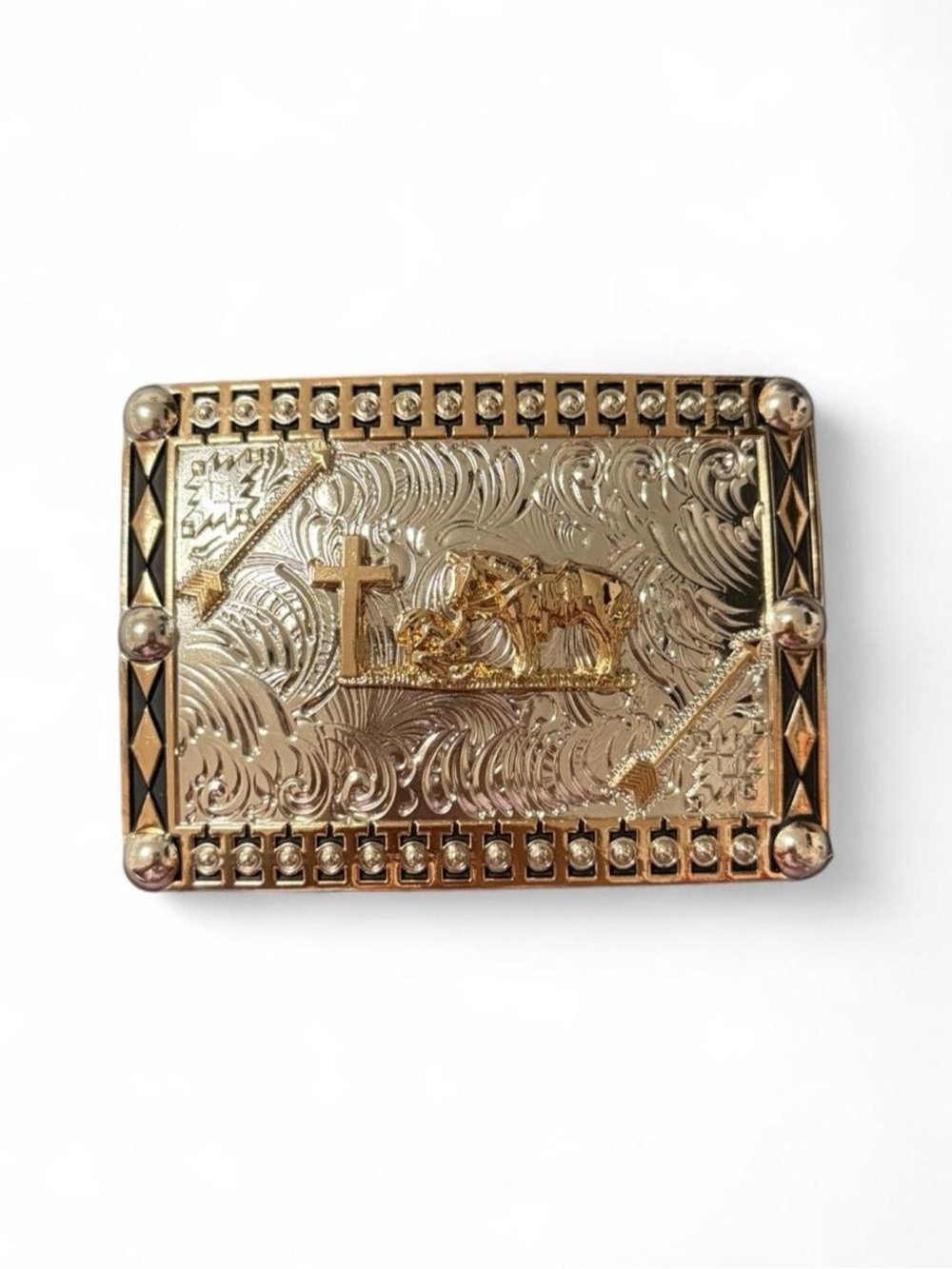 Silver & Gold Belt Buckle with Cross and Horse Design